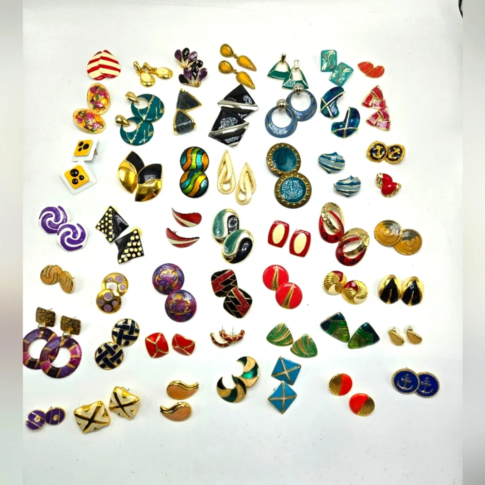 Lot of 76 Vintage to Now Enamel Pierced Earrings Stud Dangle Drop Silver Gold